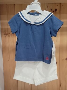 Quiltex Blue & White Sailor Tee with Red Anchor Detail